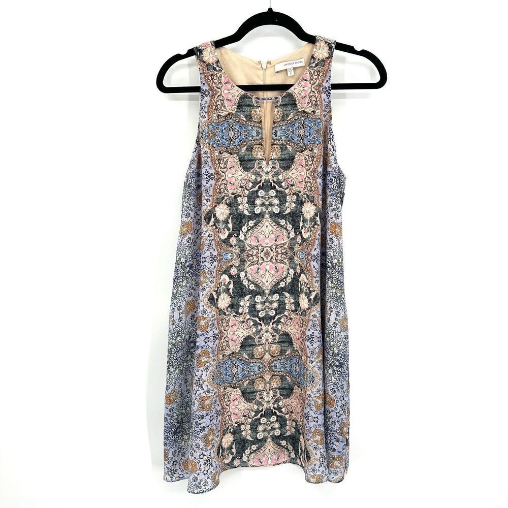 LAVENDER BROWN Sonna 100% Silk Key Hole Purple Pink Paisley Print Dress Small